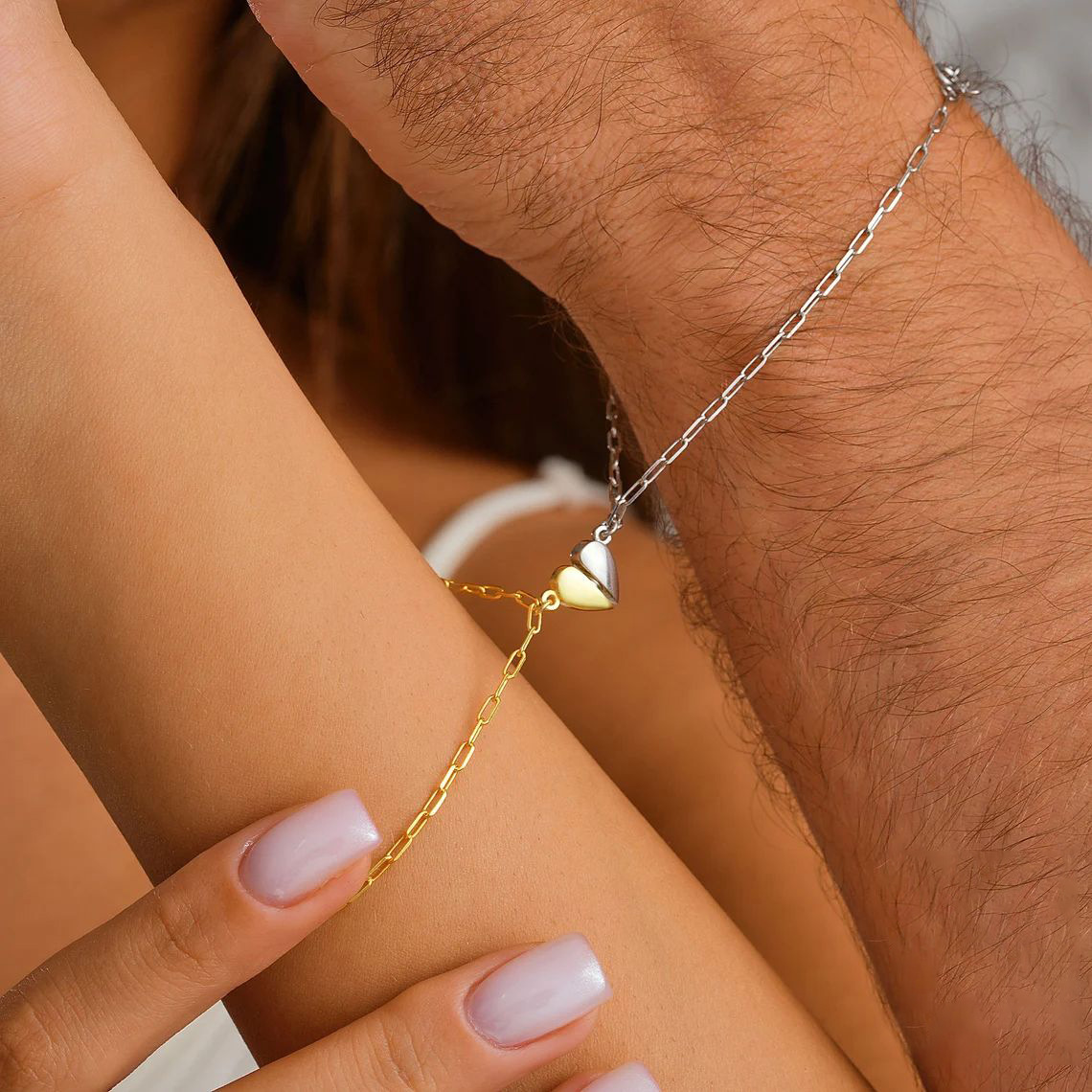 Paperclip Magnetic Set - Pulseras Magnéticas de Corazón para Parejas,
